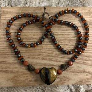 Handmade Tigers Eye-Goldstone-Hematite  Heart Necklace